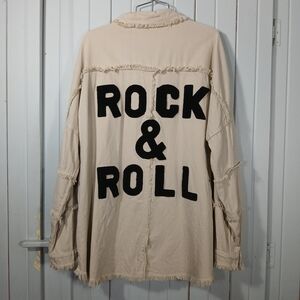 Elan Beige 'ROCK & ROLL' Fringe Back Graphic Shirt